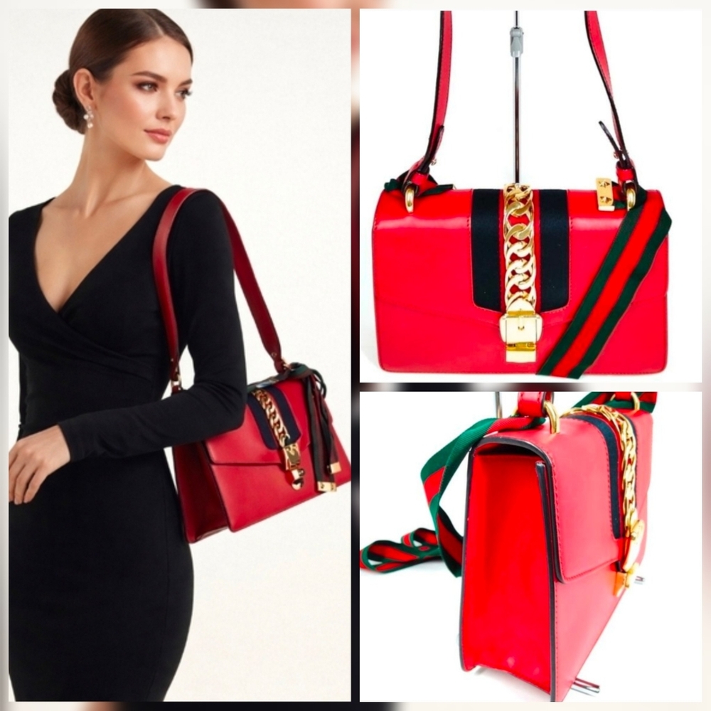 Authentic Gucci Shoulder Bag Sherry Line Red Leather